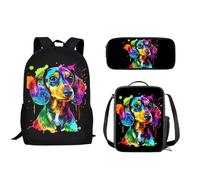 POLERO Splash Painting Dachshund Backpack for Sausage Dog Lovers with Lunch Box Pencil Case Kids School Bag Set