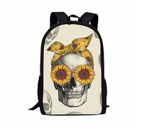 POLERO Sunflower Skull Backpack for Women Skeleton Sunflower Daypack 17" Shoulder Rucksack for School Casual Travel