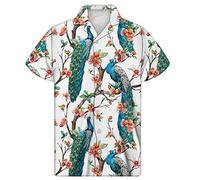 POLERO Vintage Mens Hawaiian Shirt Peacock on Cherry Tree Pattern Soft Summer Short Sleeve Shirt for Casual Party Beach