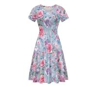 POLERO Vintage Rose Floral Dress for Women Short Sleeve Summer Casual Dress Fit and Flare Midi Sundress Size L