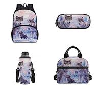 POLERO Wolf Bookbag School Backpack Set Insulated Lunch Tote Bag Water Bottle Pouch Cover Preppy Pencil Case for Boys Girls