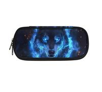 POLERO Wolf Pencil Case for Boys Secondary School Stationery Pencil Holder Blue Fire Pen Pouch with Compartments