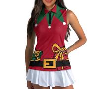 POLERO Womens Christmas Golf Shirt Ugly Xmas Elf Print Golf Tank Tops Quick Dry Sleeveless Zip Up Shirt Festival Holiday Tennis Shirt for Party Size 2XL