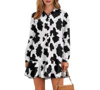 POLERO Womens Cow Print Shirt Dress Long Sleeve Mini Dress Beach Sundress Button Up Ruffle Hem Shift Dresses with Pockets Size L