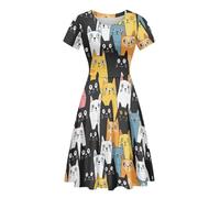 POLERO Womens Summer Dresses Cat Dress Cute Casual Midi Sundress Short Sleeve A Line Outfits Size M
