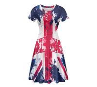 POLERO Womens Union Jack British Flag Dress Short Sleeve Casual Dress Fit and Flare Midi Summer Dresses Size 3XL