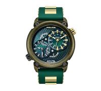 Police 48mm Men's Quartz Analog Watch with Honeycomb Backdrop, Dual Crown & Silicone Strap, Green, modern