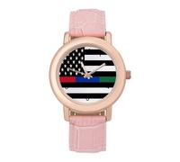 Police and Firefighter U.S.A. Flag Women's Wrist Watch Easy Reader with Leather Strap Analog Display Wonderful Ladies Gifts