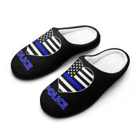 Police Blue Line USA Flag Men's Cotton Slippers | Cozy Slip on Slippers Memory Foam Warm House Shoes for Indoor Outdoor
