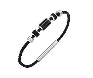 Police Bullion Men's Stainless Steel Onyx Beaded Black Leather Bracelet