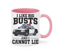 Police Car Illustration 11oz Ceramic Coffee Mug | I LIKE BIG BUSTS AND I CANNOT LIE, Law Enforcement Humor Artwork, Gifts for Police Officers