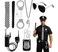 Police Costume, Halloween Costumes, 7 PCS Police Accessories Set with Handcuffs, Shield, Tie, Whistle, Glasses, Walkie-Talkie & Baton, for Attending Halloweens & Parties Use by Those Aged 15 and Above