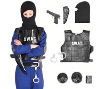 Police Costume Kids, Role Play SWAT Force Play Set for Kids Aged 5 to 12 Years Old, Boys Children Police Costume with Vest, Toy Handcuffs, Toy Gun and More Accessories, M (7-9 Years)
