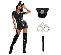 Police Costume Women 5pcs Police Officer Outfit Adult Cop Fancy Dress Costume with Accessories Lingerie Sexy Unitard Outfits with Hat Belt Handcuffs & Baton Wicked Halloween Policewomen Costumes