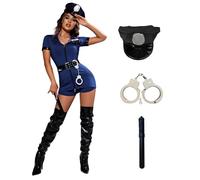 Police Costume Women 5pcs Police Officer Outfit Adult Cop Fancy Dress Costume with Accessories Lingerie Sexy Unitard Outfits with Hat Belt Handcuffs & Baton Wicked Halloween Policewomen Costumes