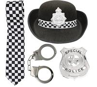Police Costume Women with Handcuffs Adult Woman, Police Badge and Check Tie Fancy Dress WPC Outfit with Hat