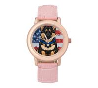 Police Dog Blue Line American Flag Women's PU Leather Strap Watch Analog Quartz Watch Casual Wristwatch for Home Work