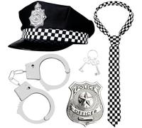Police Fancy Dress Set, 5 Pack Police Costume Accessories Including Policeman Hat, Handcuffs, Police Badge, Sunglasses, Checked Tie, for Adults Cosplay Dress up Halloween Theme Party Role Play