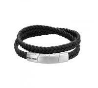 Police Men's Braid Stainless Steel Flat Braided Black Leather Double Wrap Bracelet