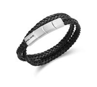 Police Men's Braid Stainless Steel Flat Braided Black Leather Double Wrap Bracelet