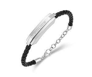 Police Men's Gripcord Stainless Steel Plain motif Black Leather Lobster Bracelet