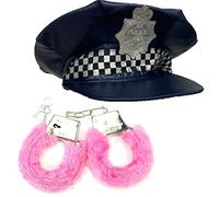 Police Officer Fancy Dress Costumes Blue Hat Cop & Pink Fluffy Hand Cuffs