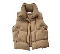 Police Women's Design Oversized Solid Puff Padded Vest Faux Fur Jackets, khaki, M