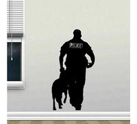 Policeman with police dog - vinyl wall sticker - office or home decoration - public safety themed, black and white wall sticker 42x76 cm