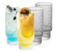 POLIDREAM Drinking Glasses Set of 4, 480ml Vintage Whiskey Glasses Embossed Glass Tumblers Flower Pattern Cocktail Glasses Water Glasses for Beer Juice Whiskey Cocktail Milk(7.5x7.5x14.5cm)