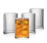 POLIDREAM Premium Drinking Glasses Set of 4, 280 ml Cocktail Glasses Set, Origami Style Long Drink Glasses, Ribbed Glasses for Iced Coffee, Beer, Water, Juice, Mojito, for Family, Camping, Party