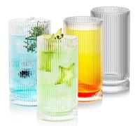 POLIDREAM Ribbed Drinking Glasses Set of 4, 16oz Large Tumbler Glasses | Vintage fluted tumblers for water, beer, iced coffee, juice and cocktails; generous 16oz, lead-free, dishwasher safe