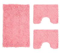 Poligono 3 Piece Microfiber Bathroom Rug Set, Long Pile Rug 50x80 cm, 2 Mats for WC and Toilet in Rectangular Shape 40X50 cm, Soft, Non-slip, Rose