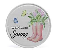 Polilike Country Farmhouse Welcome Spring Rain Boots Round Metal Tin Sign Floral Spring Quote Rustic Metal Wreath Sign Wall Decor for Home Kitchen Living Room Wall Decoration 12x12 Inch