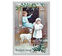 Polish Christmas Cards - Wesolych Swiat - Merry Xmas Greetings in Polish language - Victorian farm children Vintage design - Wishes to Poland - Blank inside to write own message