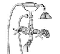 Polish Chrome Clawfoot Faucet Wall Mount Tub Filler Bathroom Mixer Shower Faucet Set for Bathtub with Handheld Shower Sprayer and Tub Spout Double Cross Handle