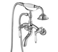 Polish Chrome Clawfoot Tub Faucet Wall Mount Hand Held Shower Bathtub Faucet Set Double Cross Handle with 3-3/8 Inch Center with Adapter Adjustable Swing Arms