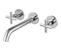 Polish Chrome Widespread Bathroom Sink Faucet Wall Mount 2 Cross Handles 3 Holes Vanity Mixer Tap Brass Lavatory Basin Mixing Faucets Swivel Spout with Rough-in Valve Included