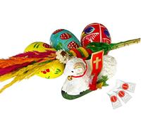 Polish Easter Handpainted Wooden Eggs (Pisanki) Pysanky 3pc + Easter Lamb (baranek gipsowy) 1pc + Easter Mini Palm 10inch (Palma Wielkanocna) 1pc