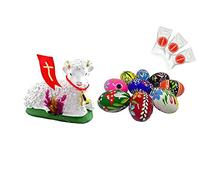 Polish Easter Handpainted Wooden Eggs (Pisanki) Pysanky 6pc + Easter Lamb (baranek gipsowy) 1pc