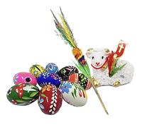 Polish Easter Handpainted Wooden Eggs (Pisanki) Pysanky 6pc + Easter Lamb (baranek gipsowy) 1pc + Small Easter Traditional Palm 14inch (Palma wielkanocna). Product from Poland.
