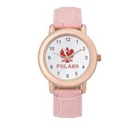 Polish Flag E-agles Women's Leather Watch Easy Reader Minimalist Wristwatch Pink Rose Gold Strap Watches