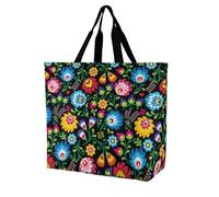 Polish Floral Folk Art Poland Flowers Reusable Grocery Bag Large Capacity Foldable Shopping Tote with Inner Pocket