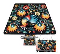 Polish Folk Art Pattern Beach Blanket Thickened Foldable Camping Mats Soft Lightweight Beach Pad Square Picnic Blankets with Shoulder Strap for Park Grass Patio Hiking