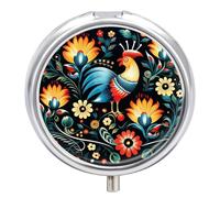 Polish Folk Art Pattern Pill Box 3 Compartment Small Pill Case for Purse Or Pocket Mini Metal Pillcase Medicine Organizer, Round Daily Medicine Container to Hold Vitamins, Fish Oil