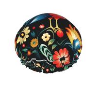 Polish Folk art Pattern Shower Cap for Women Double Layers Thick Hair Caps Reusable Waterproof Bath Caps with Elastic Band Hair Hat Washable Shower Hat for Men Women Spa Salon