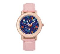 Polish Folk Roosters Women's Leather Watch Easy Reader Minimalist Wristwatch Pink Rose Gold Strap Watches