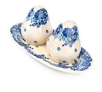 Polish Pottery, Artistic Ceramics "Dalia" Boleslawiec Salt and Pepper Shakers with Stand Sambor | U212
