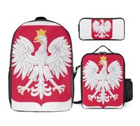 Polish Republic National Emblem Printed School Backpack Set Lunch Bag And Pencil Case 3-Piece School Bags Teens Girls Boys Primary Junior Middle Water Resistant Lightweight Bookbag Travel Rucksack