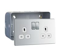 Polished Chrome Screwless 13A Flat Plate Double Electrical Socket Switch & Surface Pattress Back Box