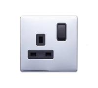 Polished Chrome Screwless Plate 13A 1 Gang Switched Plug Socket, Double Pole - Black Trim - Se Home